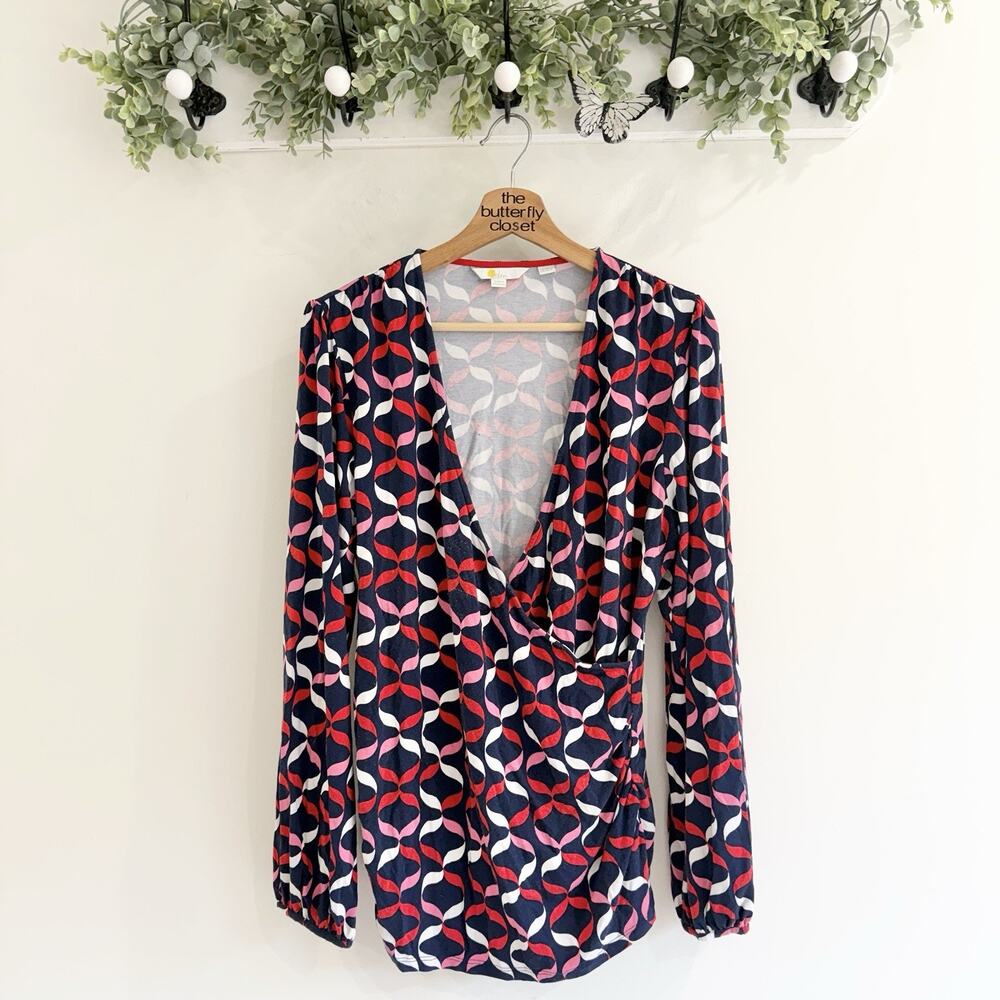 Boden Elodie Red White Blue Geometric Print Faux Wrap Knit Blouse 16/18 ii5833